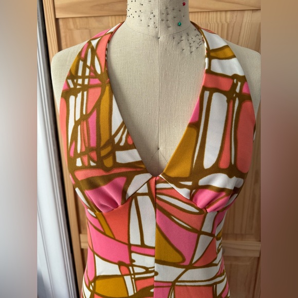 1970s Geometric Print Polyester Halter Maxi Dress - Picture 7 of 8